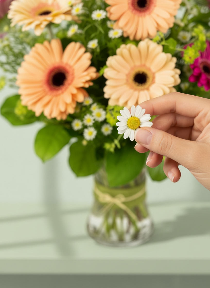 Lakewood Florist Happy Daisies arrangement with vibrant orange, pink, and purple gerberas in a glass vase.