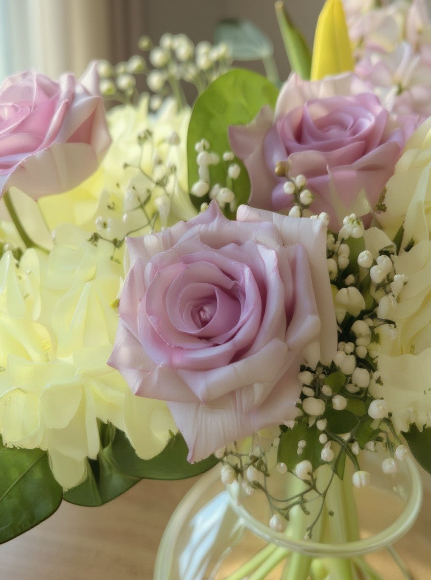 Lakewood Florist Lavender Whisper arrangement: lavender roses, yellow tulips, white hydrangeas, and baby's breath in a glass vase.