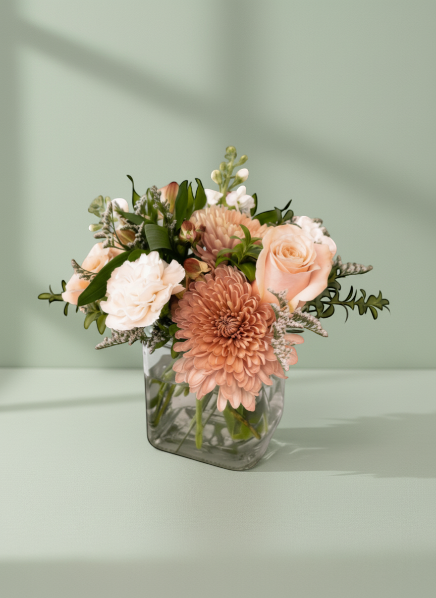 Lakewood Florist Timeless Tranquility floral arrangement with peach roses, carnations, and chrysanthemums in a glass vase.