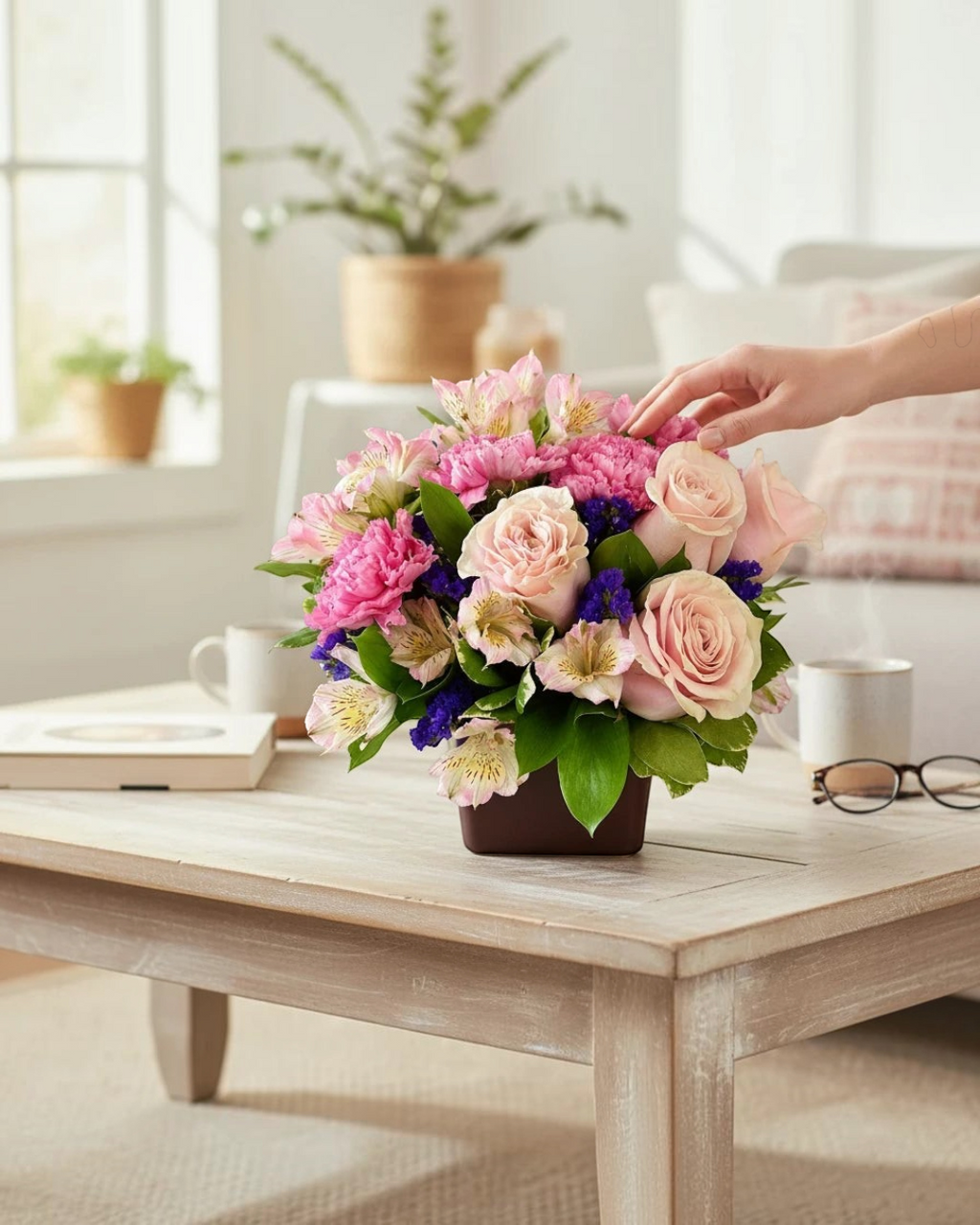 Lakewood Florist Beautiful Day bouquet featuring pink roses, carnations, and alstroemeria in a square vase.