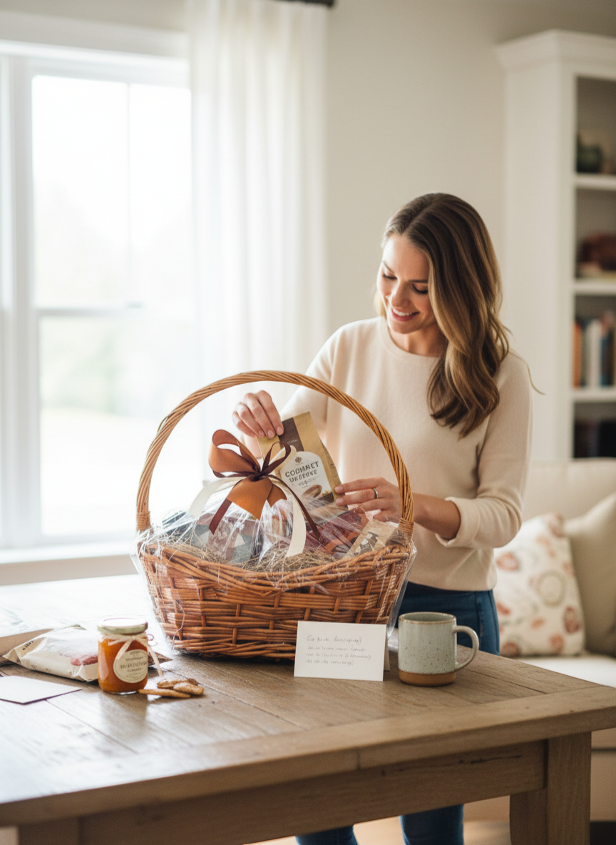 Lakewood Florist Premium Gift Basket with gourmet goodies, décor, and local treasures, tied with a brown ribbon.