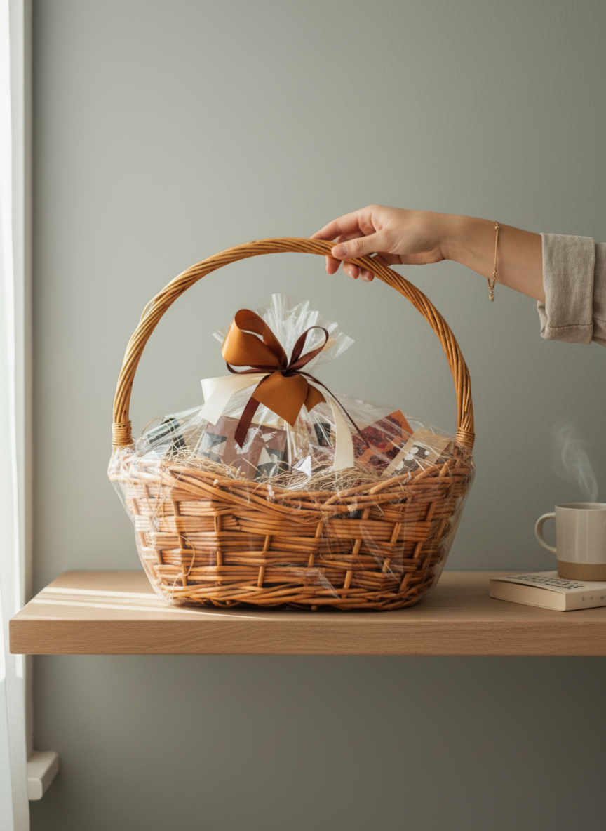 Lakewood Florist premium gift basket filled with gourmet goodies and local treasures, tied with a brown ribbon.