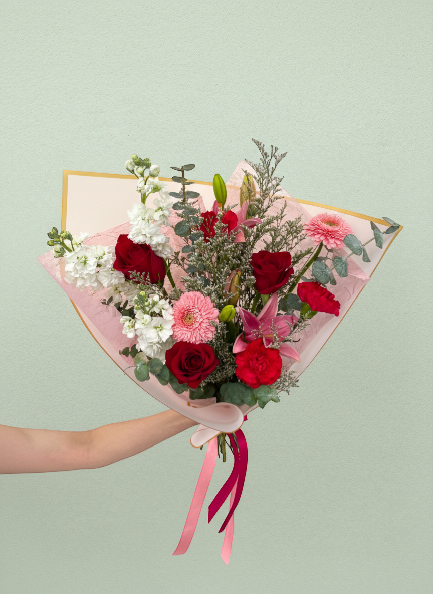 Lakewood Florist's Forever Yours bouquet features red roses, pink lilies, white stock, and pink gerbera daisies, wrapped in pink paper with gold trim and ribbon.