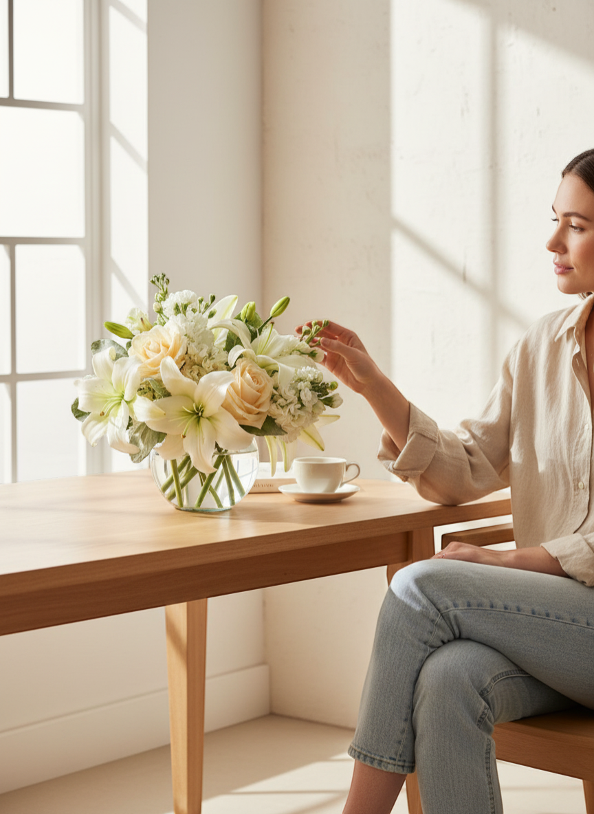 Lakewood Florist Soft Memories arrangement: white lilies, peach roses, and white stock in a clear rose bowl. Sympathy flowers.