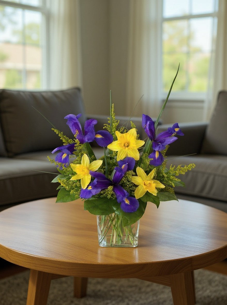 Lakewood Florist Violet Sunrise spring arrangement with yellow daffodils and purple irises in a glass vase.