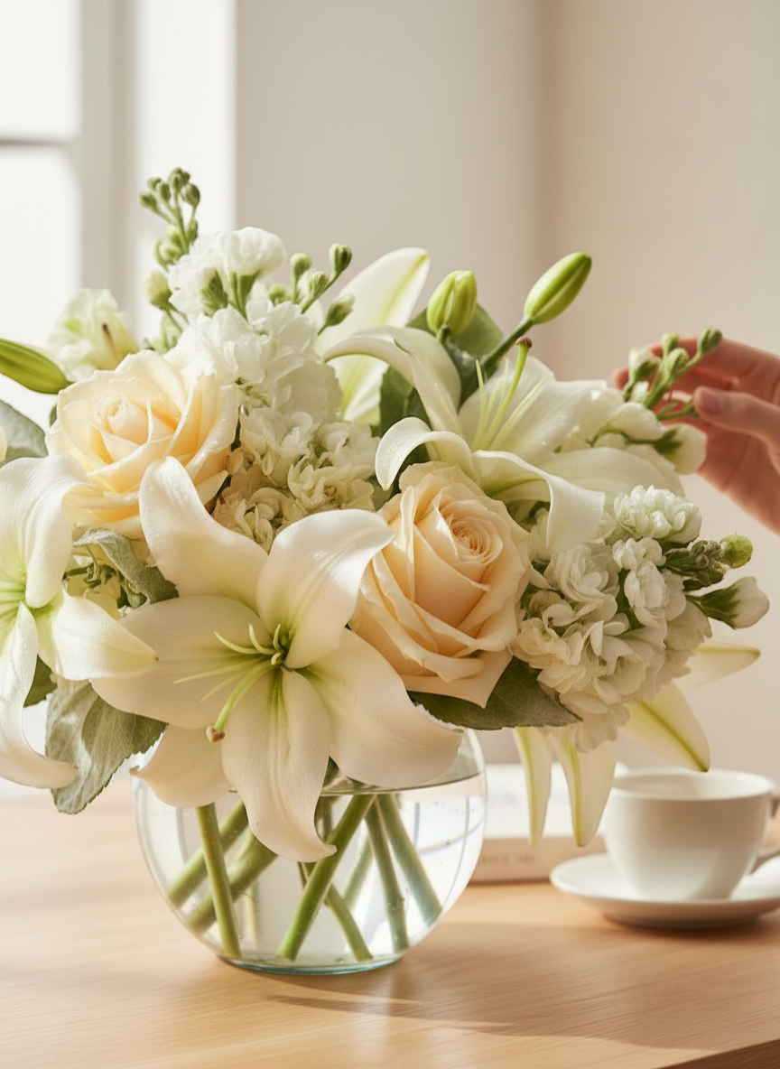 Lakewood Florist Soft Memories arrangement with white lilies and peach roses in a low rose bowl.