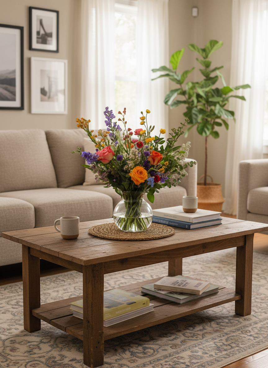 Lakewood Florist vibrant wildflower arrangement with pink, orange, and yellow roses, purple snapdragons, and delicate filler flowers in a clear glass vase.