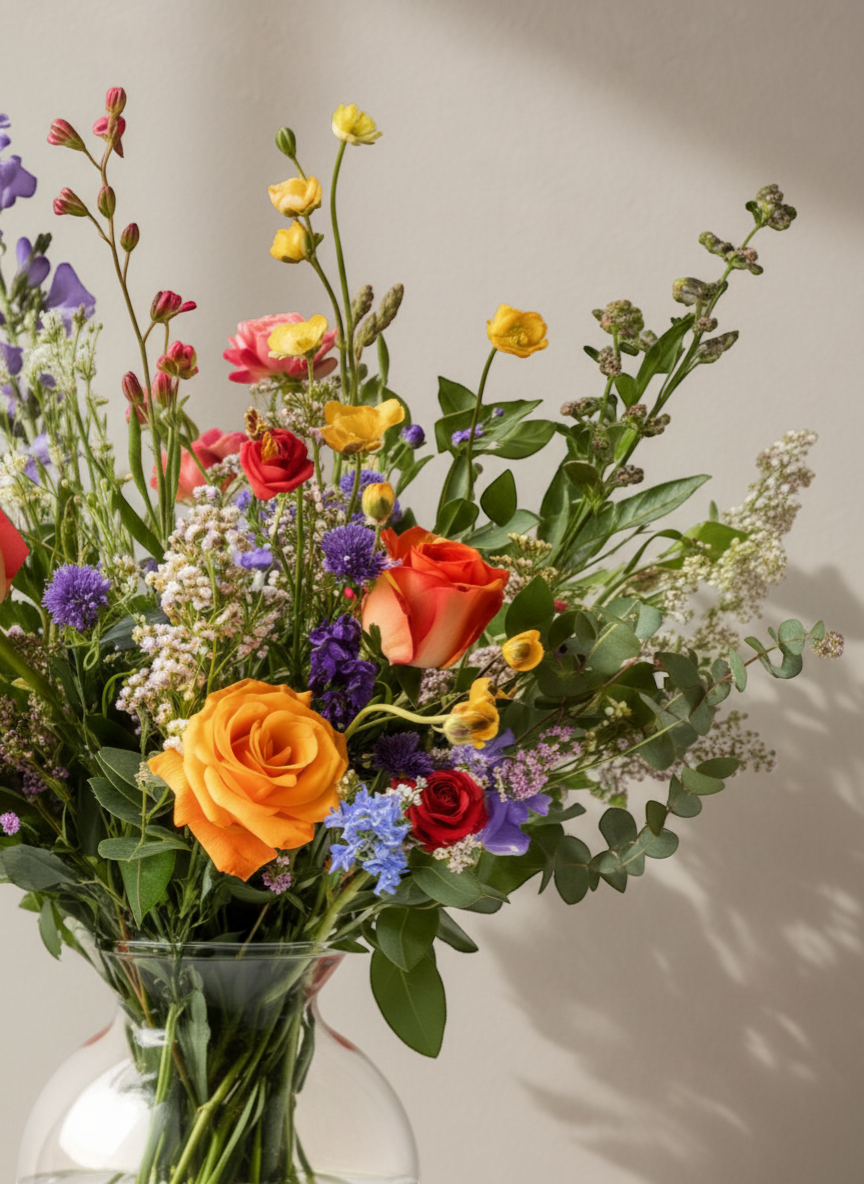 Lakewood Florist vibrant wildflower arrangement with pink, orange, and yellow roses, purple snapdragons, and delicate filler flowers in a clear vase.